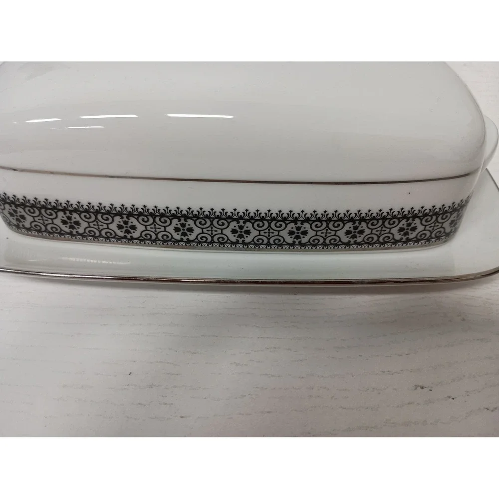 Noritake Vintage‎ Butter Dish White Silver Trim Black Filigree Pattern Japan